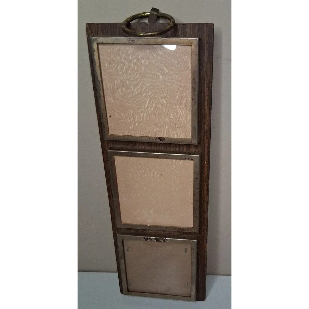 Vintage 3 Opening Picture Frame Wood Metal Trim Vertical Wall Hanging Collage